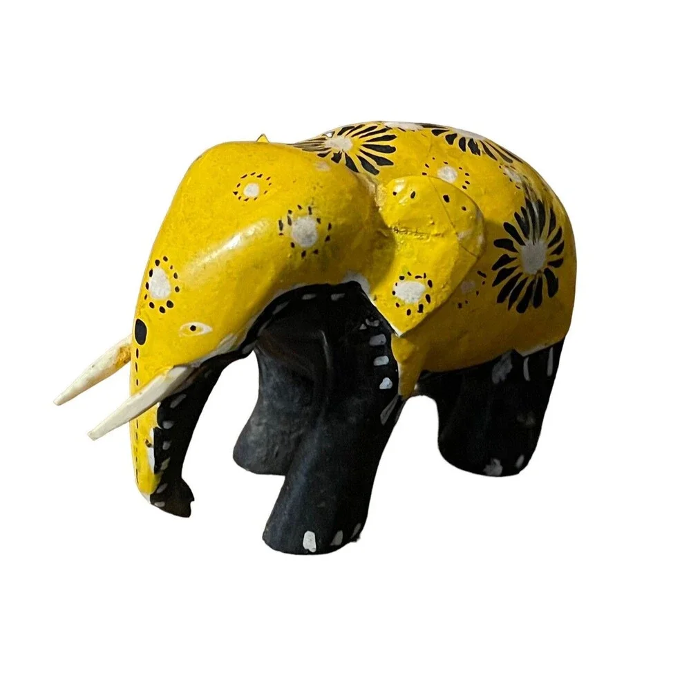 Vintage Hand Carved Hand Painted Elephant Yellow Black White 2” x 3” Wood Figure
